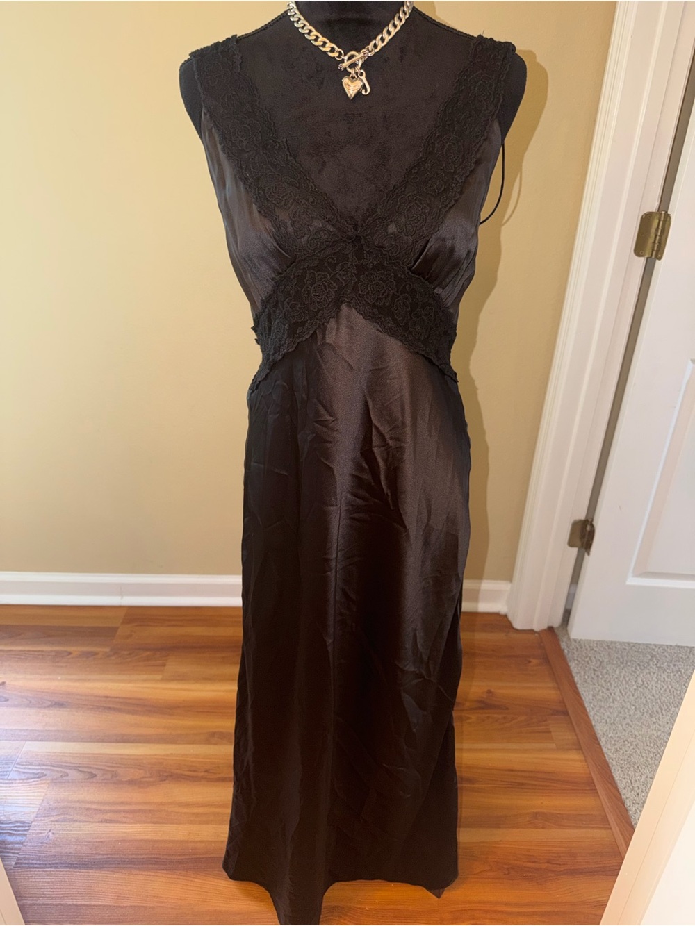 Zara Black Satin Slip Dress with Lace Trim